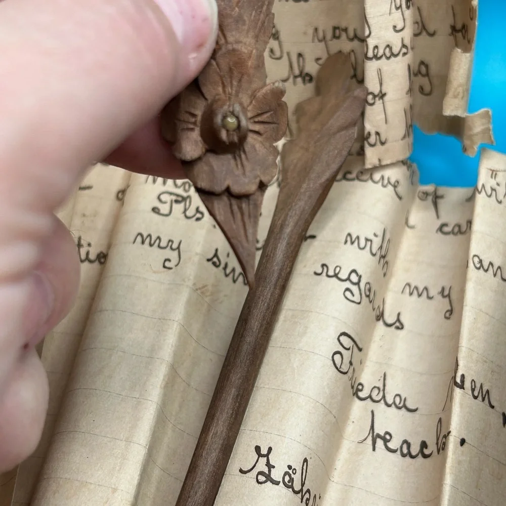 Vintage Swiss hand carved wood pen box and pen includes handwritten letter, folk